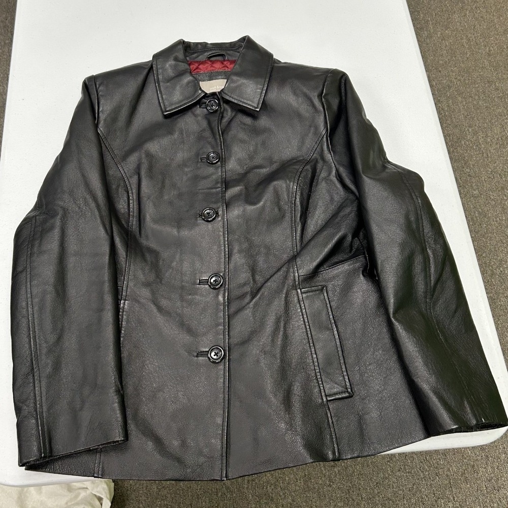 Unbranded Leather Jacket womans M Black Button Front Quilted Red Lining Coat
